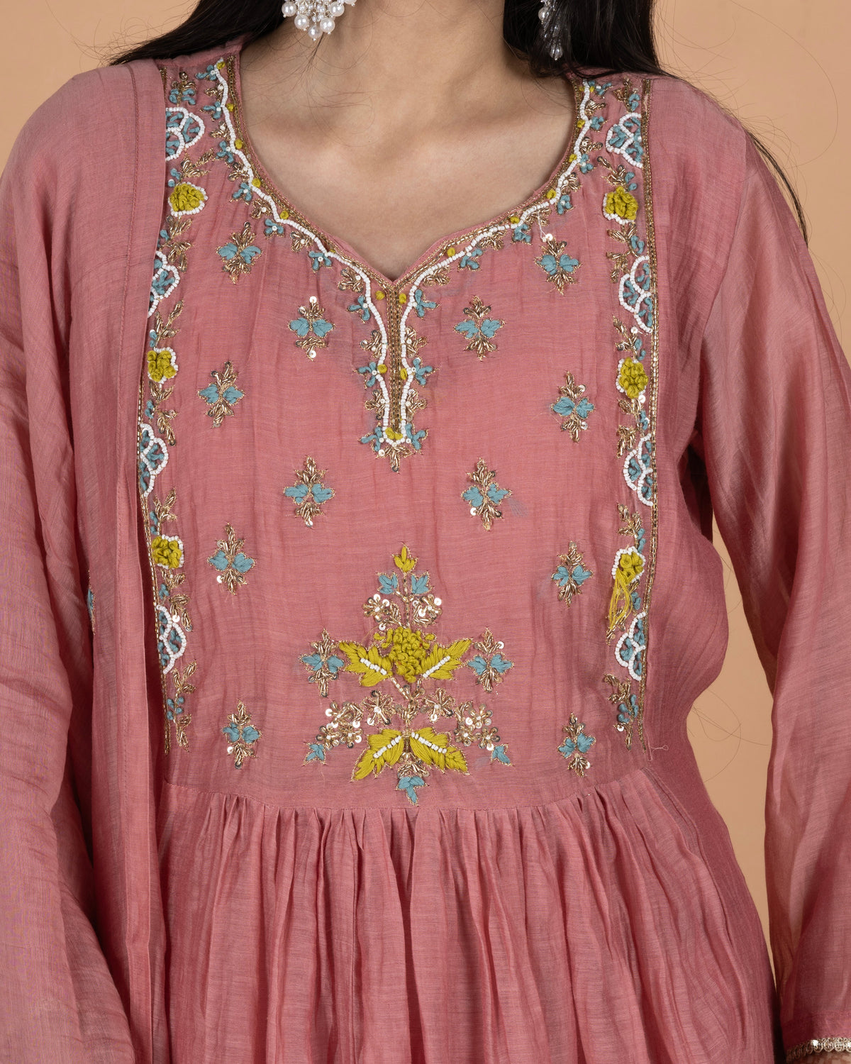 Pure Mul A-Line Kurti Set with Embroidered Yoke & Booti Dupatta