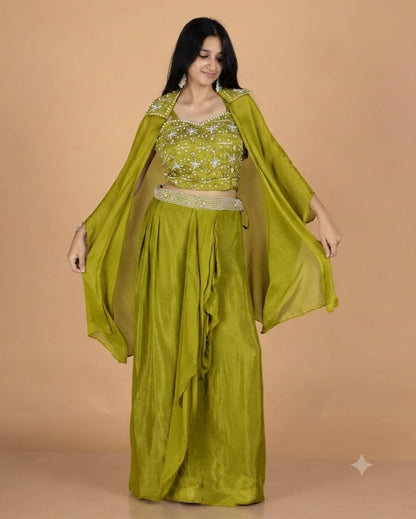 Pure Chinnon 3-Piece Indo-Western Drape Skirt Set with Sequins & Pearl Work Bustier and Stylish Cape