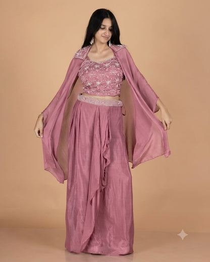 Pure Chinnon 3-Piece Indo-Western Drape Skirt Set with Sequins & Pearl Work Bustier and Stylish Cape