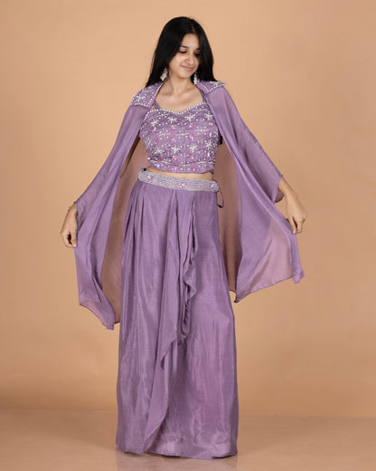 Pure Chinnon 3-Piece Indo-Western Drape Skirt Set with Sequins & Pearl Work Bustier and Stylish Cape