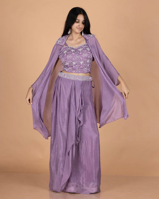 Pure Chinnon 3-Piece Indo-Western Drape Skirt Set with Sequins & Pearl Work Bustier and Stylish Cape