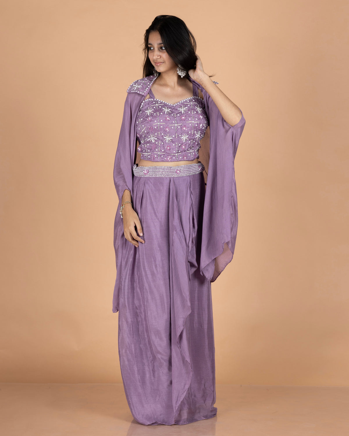 Pure Chinnon 3-Piece Indo-Western Drape Skirt Set with Sequins & Pearl Work Bustier and Stylish Cape
