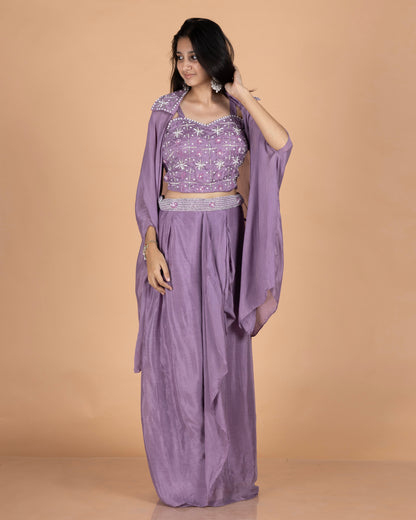 Pure Chinnon 3-Piece Indo-Western Drape Skirt Set with Sequins & Pearl Work Bustier and Stylish Cape