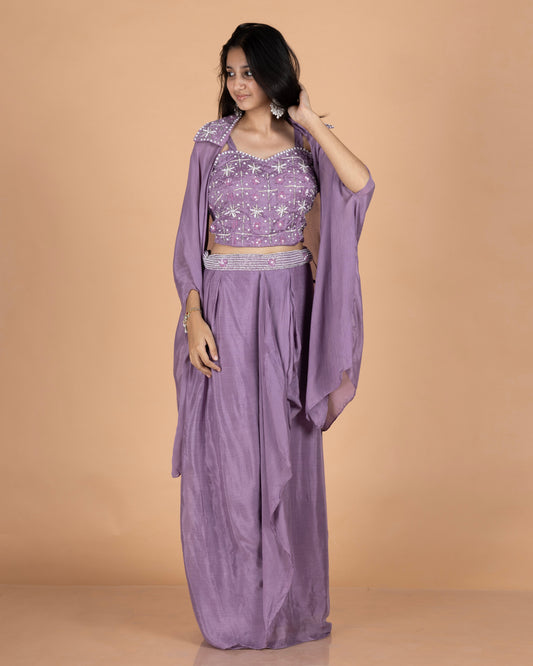 Pure Chinnon 3-Piece Indo-Western Drape Skirt Set with Sequins & Pearl Work Bustier and Stylish Cape