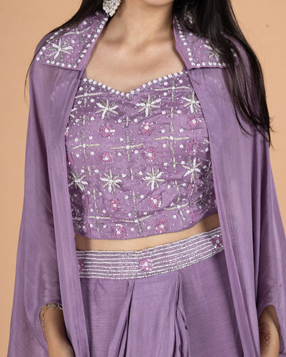 Pure Chinnon 3-Piece Indo-Western Drape Skirt Set with Sequins & Pearl Work Bustier and Stylish Cape