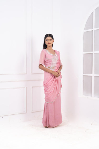 Hand-Embroidered Shimmer Tissue Pre-Draped Saree Set
