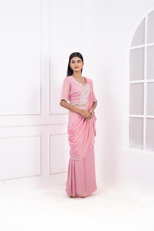 Hand-Embroidered Shimmer Tissue Pre-Draped Saree Set