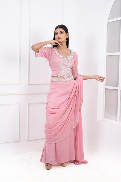 Hand-Embroidered Shimmer Tissue Pre-Draped Saree Set