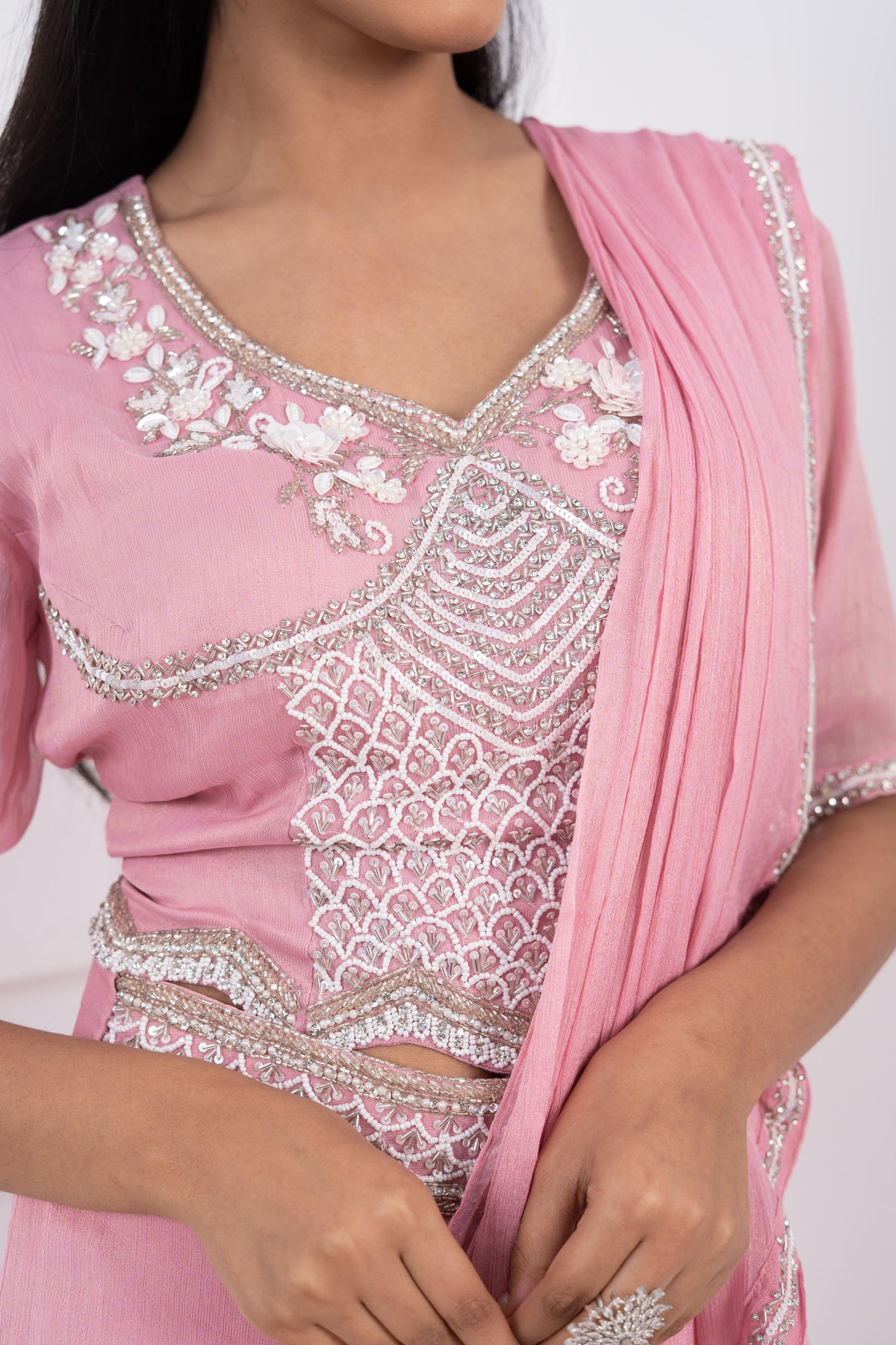 Hand-Embroidered Shimmer Tissue Pre-Draped Saree Set