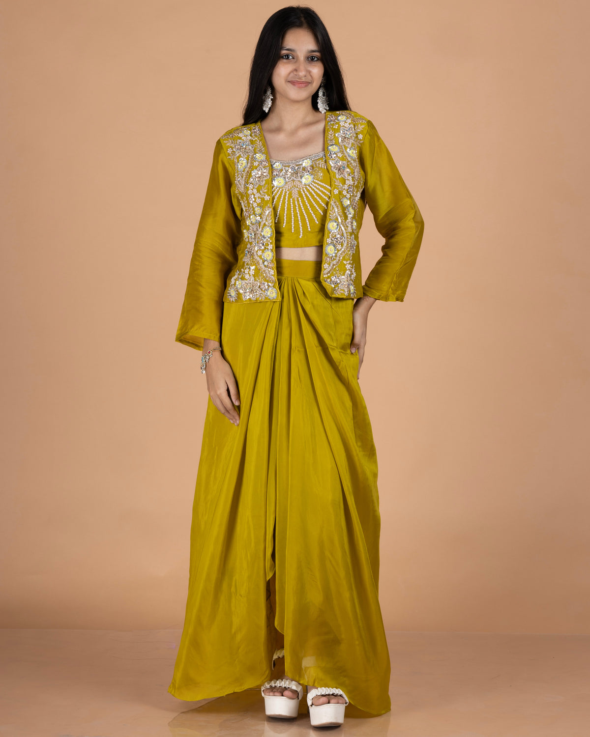 Silk Drape Skirt Set with Heavy Zardosi Embroidered Jacket & Blouse