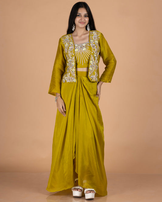 Silk Drape Skirt Set with Heavy Zardosi Embroidered Jacket & Blouse