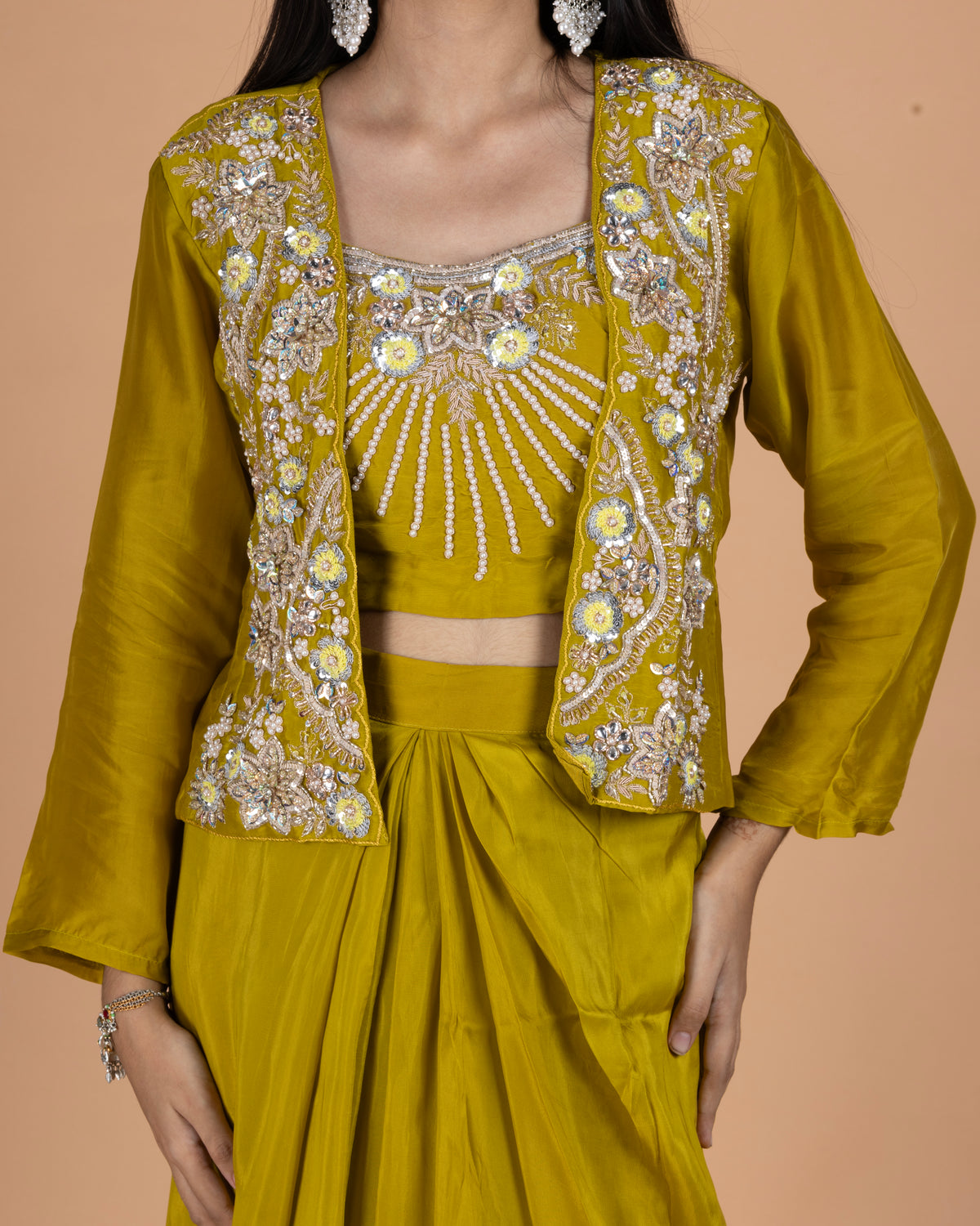 Silk Drape Skirt Set with Heavy Zardosi Embroidered Jacket & Blouse