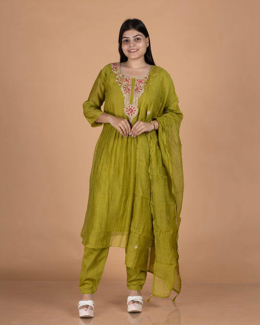 Pure Mul A-Line Kurti Set with Zardosi Embroidered Neckline & Dupatta