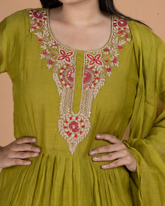 Pure Mul A-Line Kurti Set with Zardosi Embroidered Neckline & Dupatta