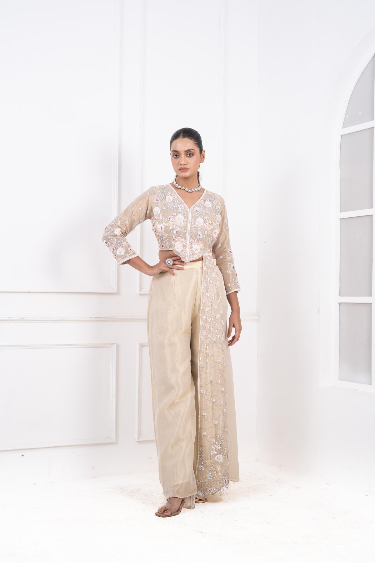 3D Hand-Embroidered Jacquard Tissue Blouse with Attached Trail & Wide-Leg Palazzo Set