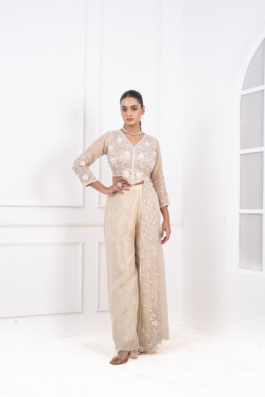 3D Hand-Embroidered Jacquard Tissue Blouse with Attached Trail & Wide-Leg Palazzo Set