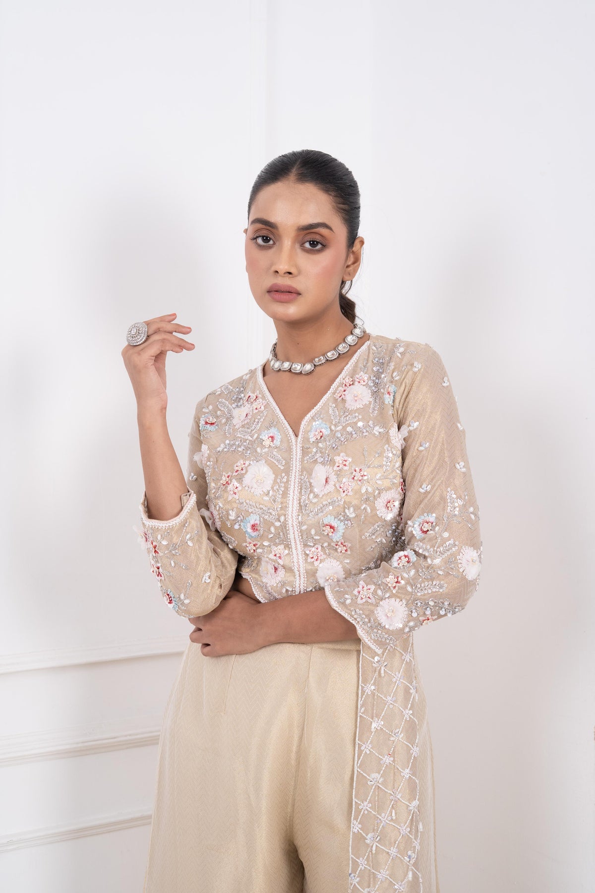 3D Hand-Embroidered Jacquard Tissue Blouse with Attached Trail & Wide-Leg Palazzo Set