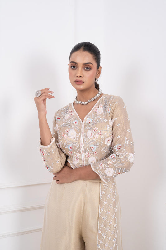 3D Hand-Embroidered Jacquard Tissue Blouse with Attached Trail & Wide-Leg Palazzo Set