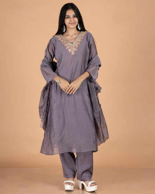 Pure Mul Kurti Set with V-Neck Zardosi Work & Scallop Dupatta