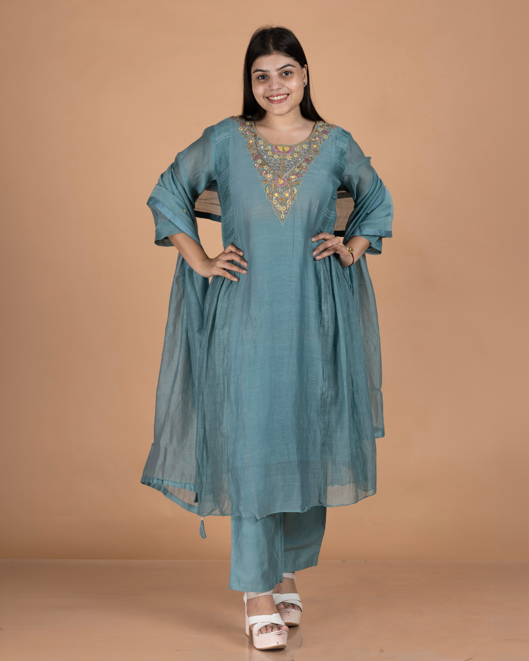 Pure Mul Kurti Set with Zardosi Neckline & Pintuck Side Panels