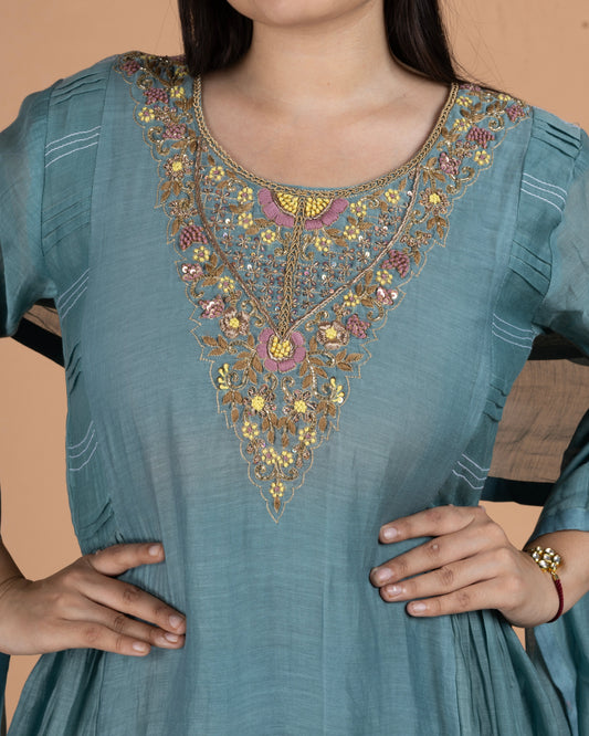 Pure Mul Kurti Set with Zardosi Neckline & Pintuck Side Panels