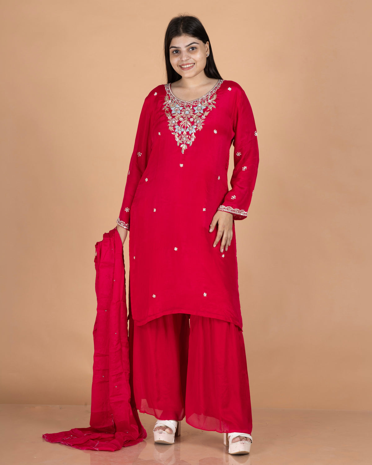 Chinon Straight Kurta Set with Intricate Metallic Yoke Embroidery & Flared Palazzo