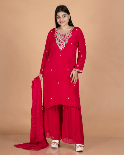 Chinon Straight Kurta Set with Intricate Metallic Yoke Embroidery & Flared Palazzo