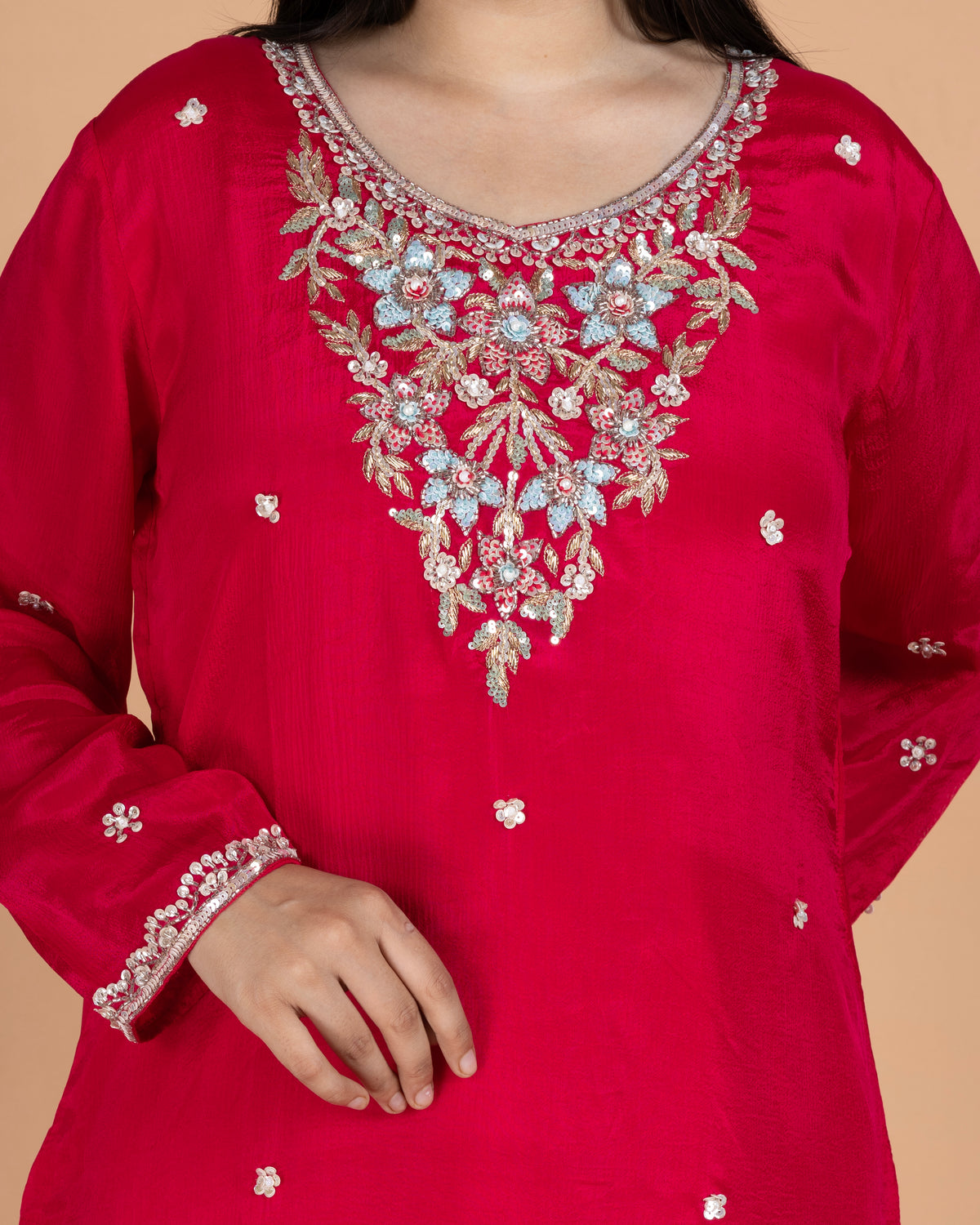 Chinon Straight Kurta Set with Intricate Metallic Yoke Embroidery & Flared Palazzo