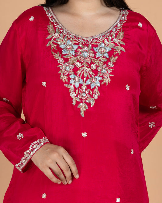 Chinon Straight Kurta Set with Intricate Metallic Yoke Embroidery & Flared Palazzo