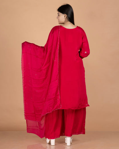 Chinon Straight Kurta Set with Intricate Metallic Yoke Embroidery & Flared Palazzo