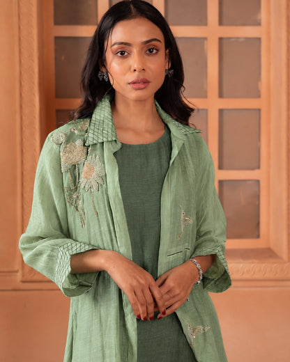 Zardozi Embroidered Pure Mul Jacket Kurta Set with Pintuck Cuffs