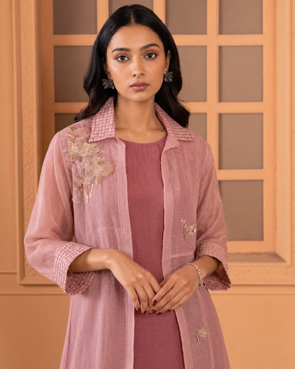Zardozi Embroidered Pure Mul Jacket Kurta Set with Pintuck Cuffs