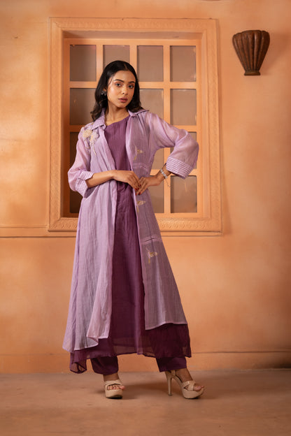 Zardozi Embroidered Pure Mul Jacket Kurta Set with Pintuck Cuffs