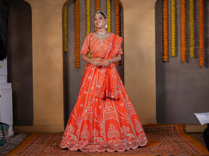 Orange Pure Zardozi Embroidered Raw Silk Bridal Lehenga Set