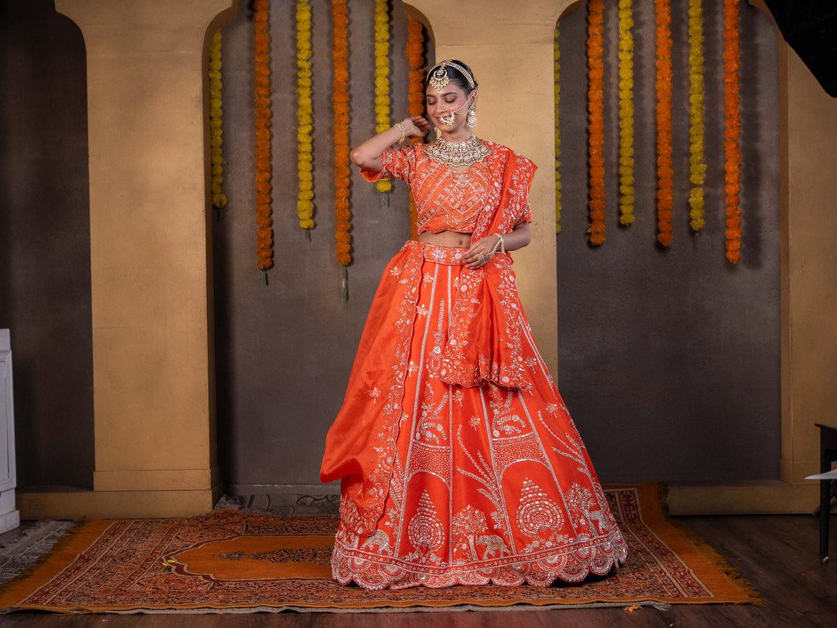 Orange Pure Zardozi Embroidered Raw Silk Bridal Lehenga Set