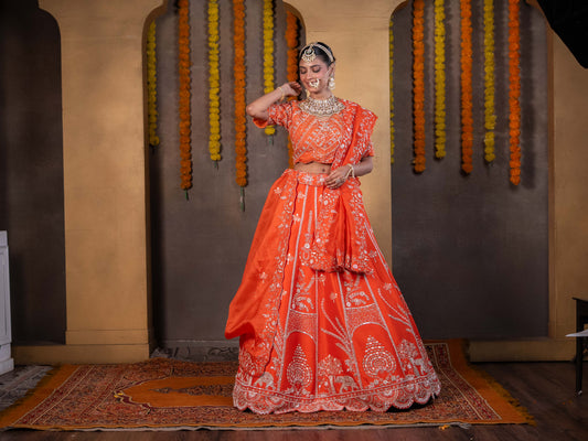 Orange Pure Zardozi Embroidered Raw Silk Bridal Lehenga Set