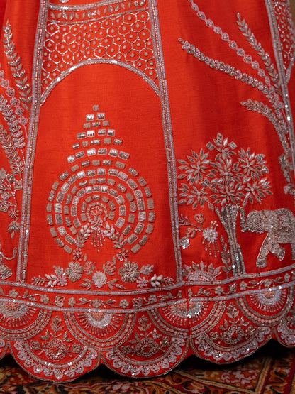 Orange Pure Zardozi Embroidered Raw Silk Bridal Lehenga Set