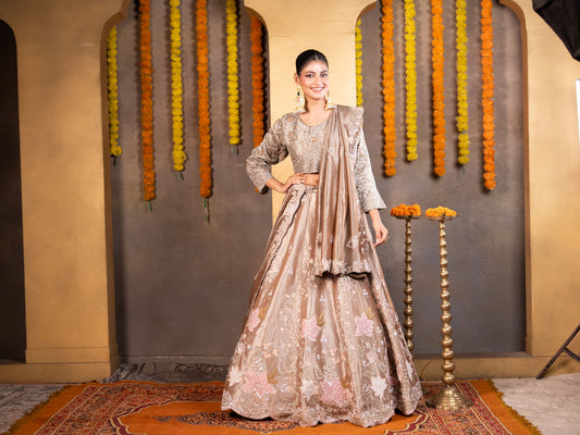 Brown Hand-Embroidered Kanjeevaram Tissue Reception Lehenga Set