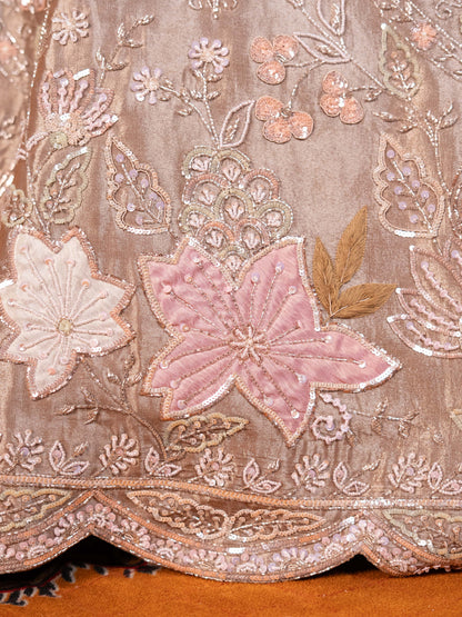 Brown Hand-Embroidered Kanjeevaram Tissue Reception Lehenga Set