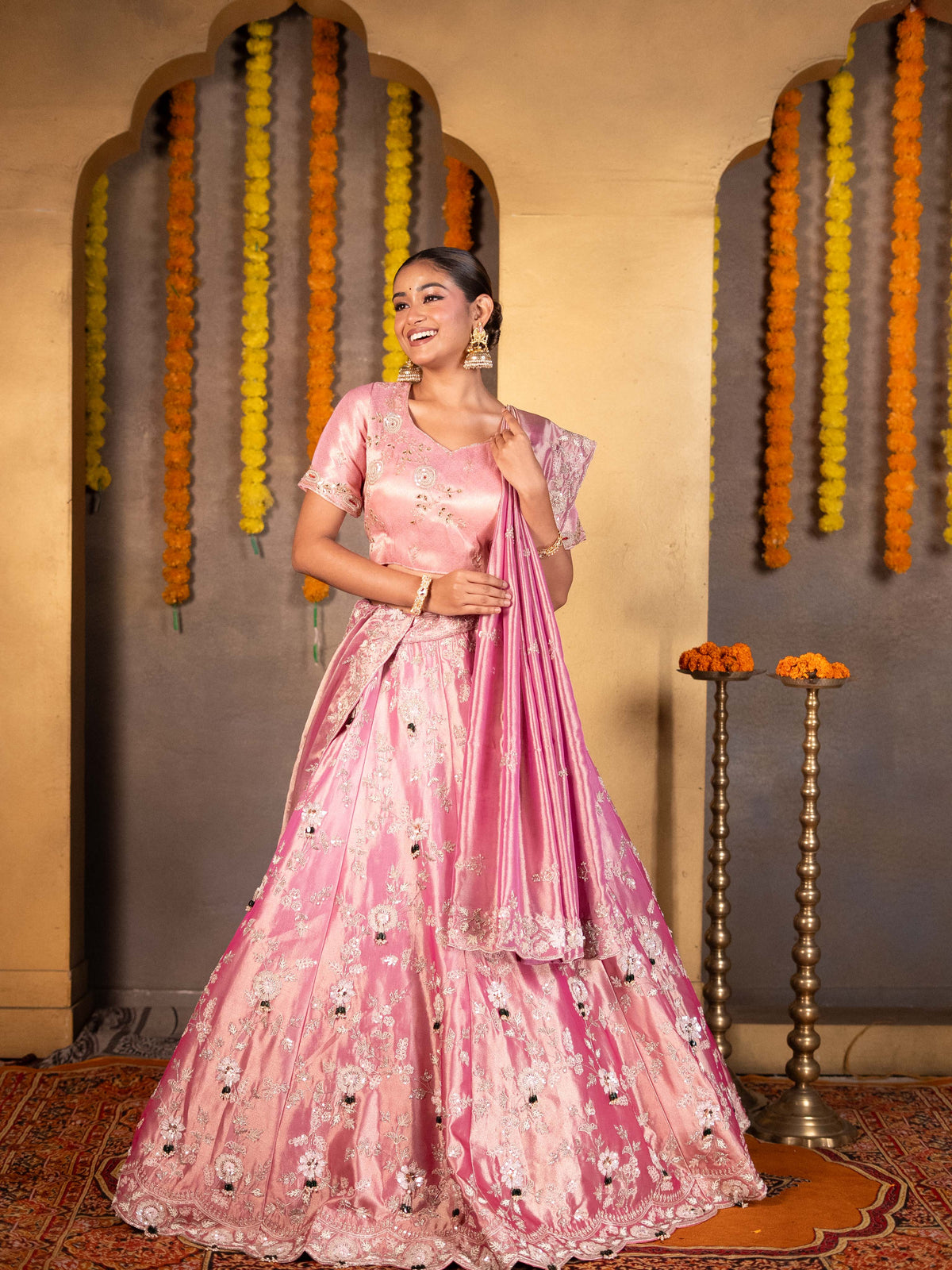 Hand-Embroidered Pink Kanjeevaram Tissue Lehenga Set
