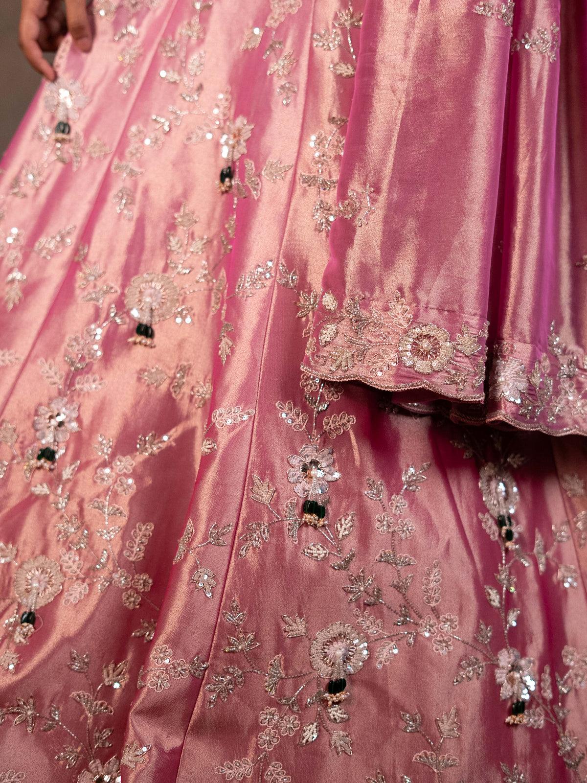 Hand-Embroidered Pink Kanjeevaram Tissue Lehenga Set