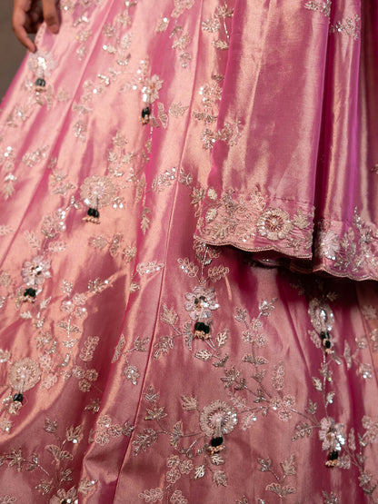 Hand-Embroidered Pink Kanjeevaram Tissue Lehenga Set