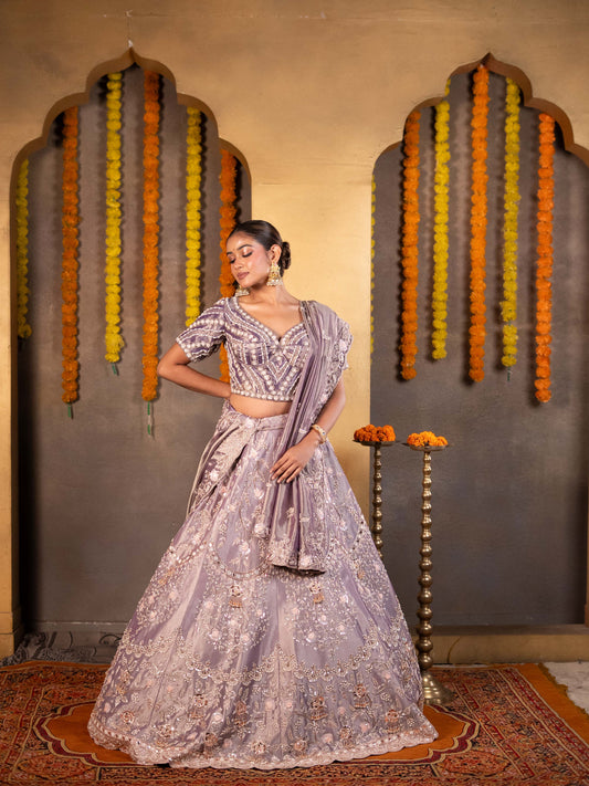 Zardosi Lilac Kanjeevaram Tissue Lehenga Set with Tassels