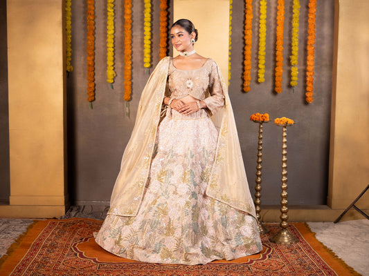 Hand-Embroidered Ivory Kanjeevaram Tissue Lehenga Set