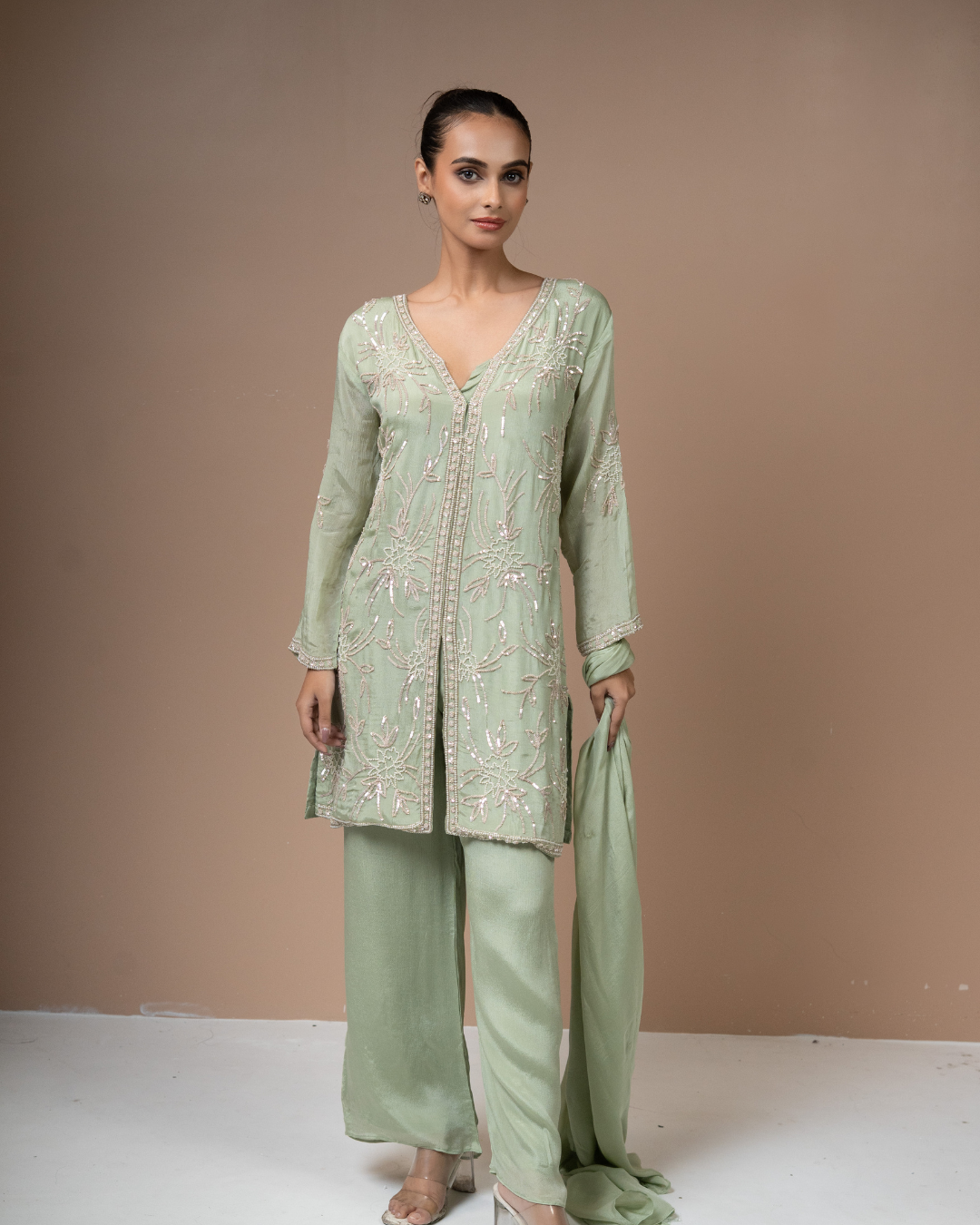 Sequin & Pearl Embroidered Chinon Kurta Palazzo Set