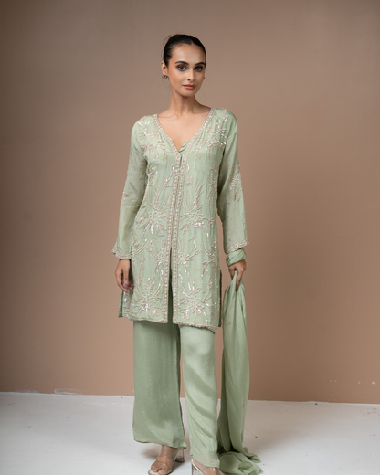 Sequin & Pearl Embroidered Chinon Kurta Palazzo Set