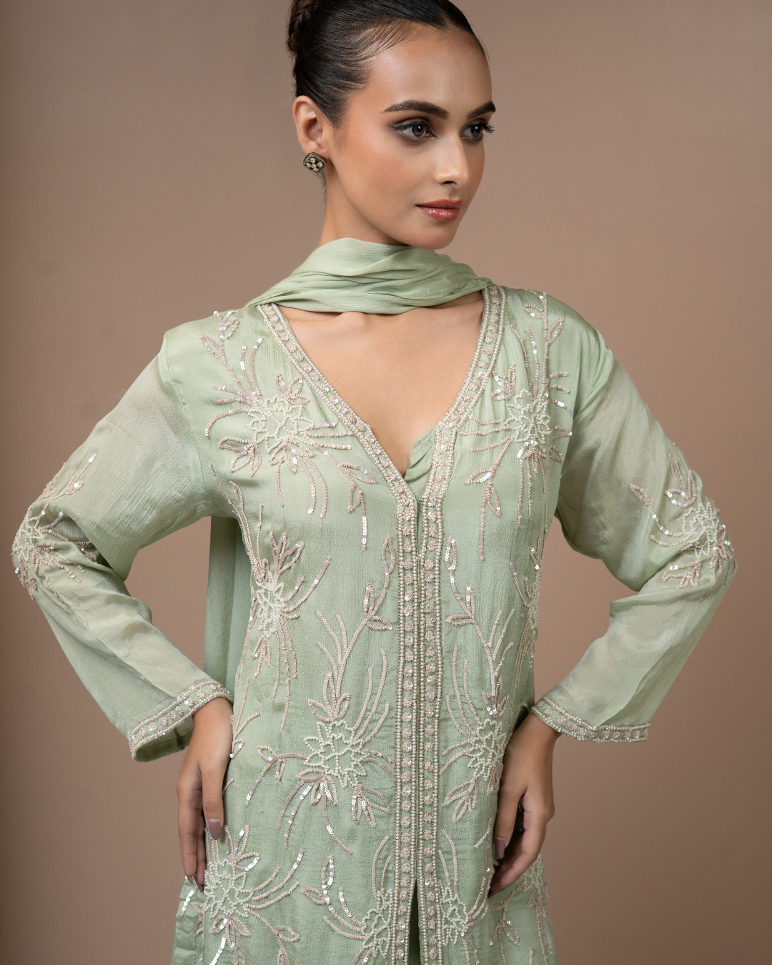 Sequin & Pearl Embroidered Chinon Kurta Palazzo Set