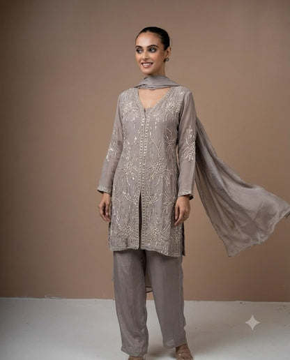 Sequin & Pearl Embroidered Chinon Kurta Palazzo Set
