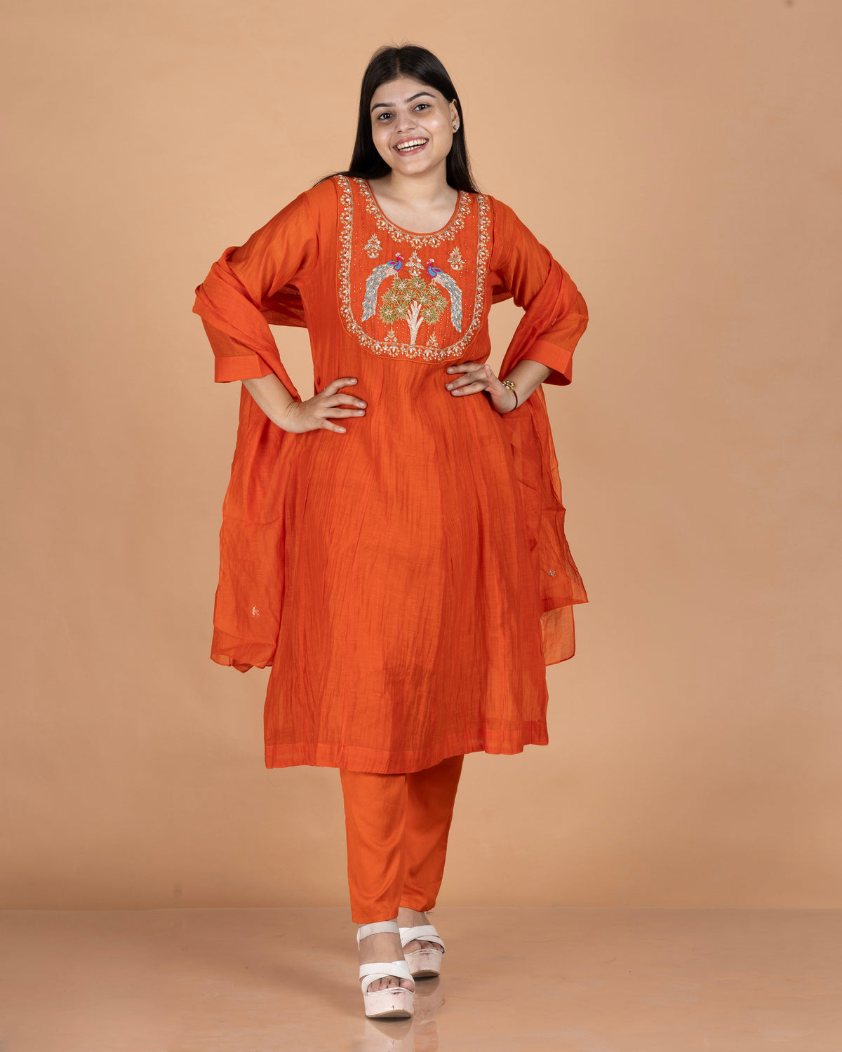 Pure Mul A-Line Kurti Set with Heavy Zardosi Figure Work & Dupatta