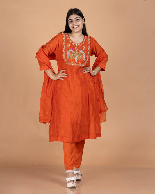 Pure Mul A-Line Kurti Set with Heavy Zardosi Figure Work & Dupatta